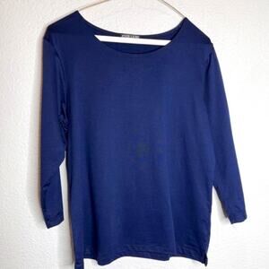 A'Nue Ligne Large Boat Neck 3/4 Sleeve Side Slits Top Navy